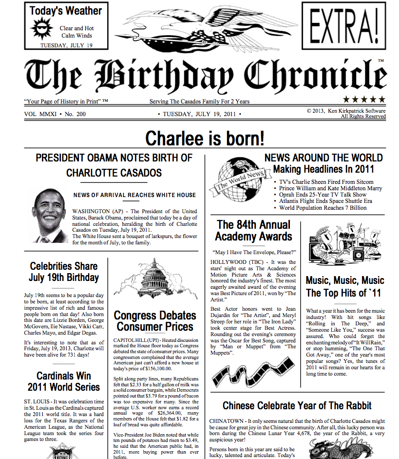 Printable Birthday Newspaper News From The Day You Were Born The